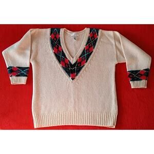 VTG 100% Wool Cable Knit Diamond Varsity Golf Sweater Women Sz M Light Academia